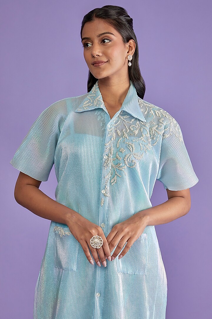 Aqua Holographic Latex Summer Shirt Dress by Sk'n at Pernia's Pop Up Shop