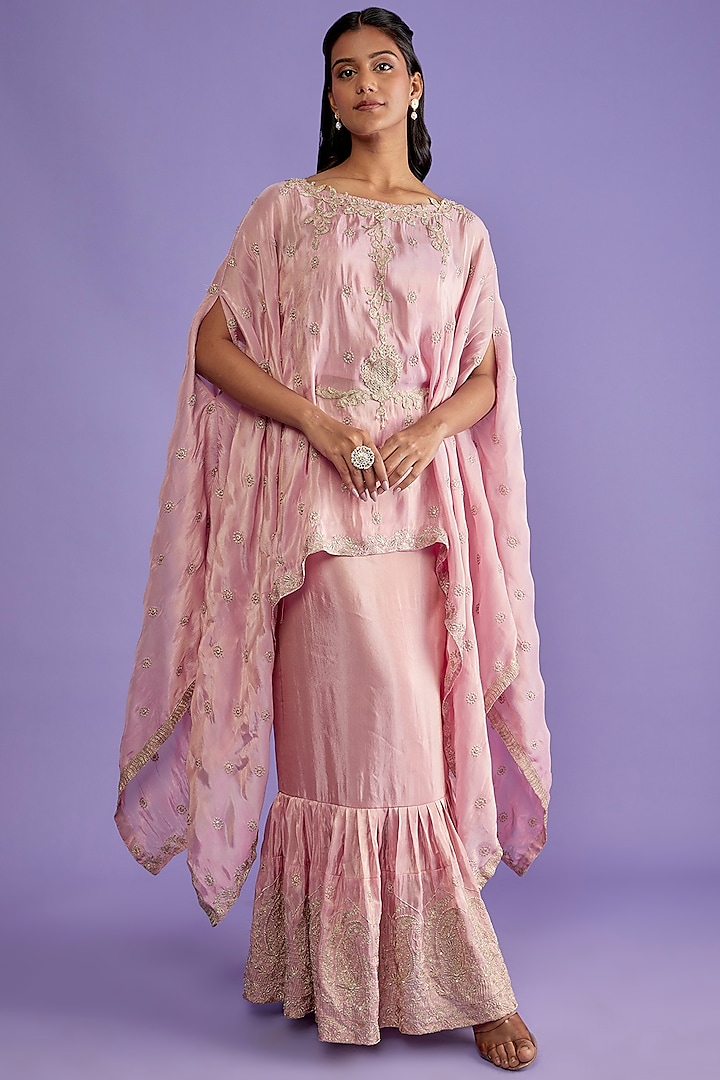 Pink Tissue Crepe Sharara Skirt Set by Sk'n