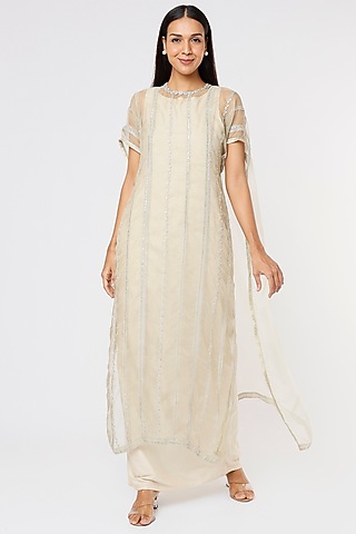 Light Olive Embroidered Cape Set by Sk'n