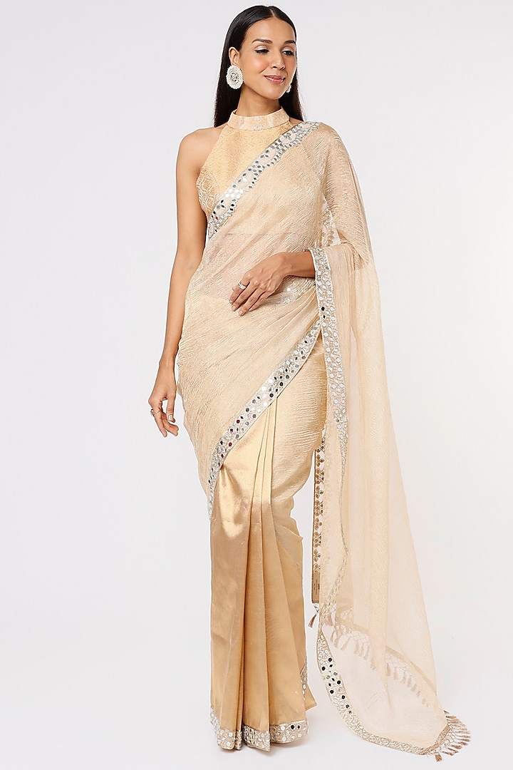 Natural Gold Embroidered Saree Set by Sk'n