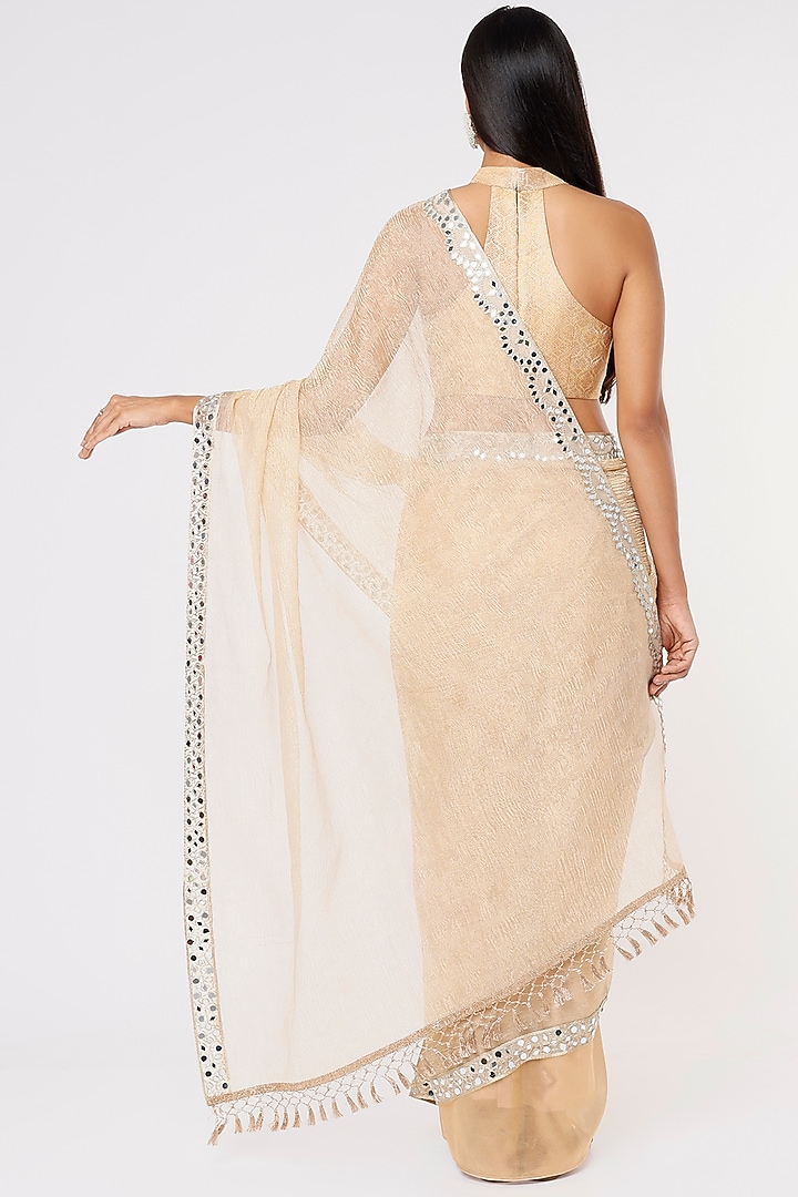 Natural Gold Embroidered Party Wear Saree Set by Sk'n at Pernia's Pop Up Shop