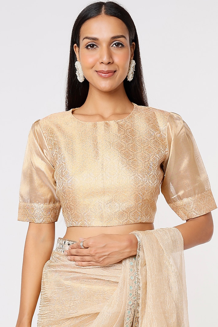 Natural Gold Embroidered Party Wear Saree Set by Sk'n at Pernia's Pop Up Shop