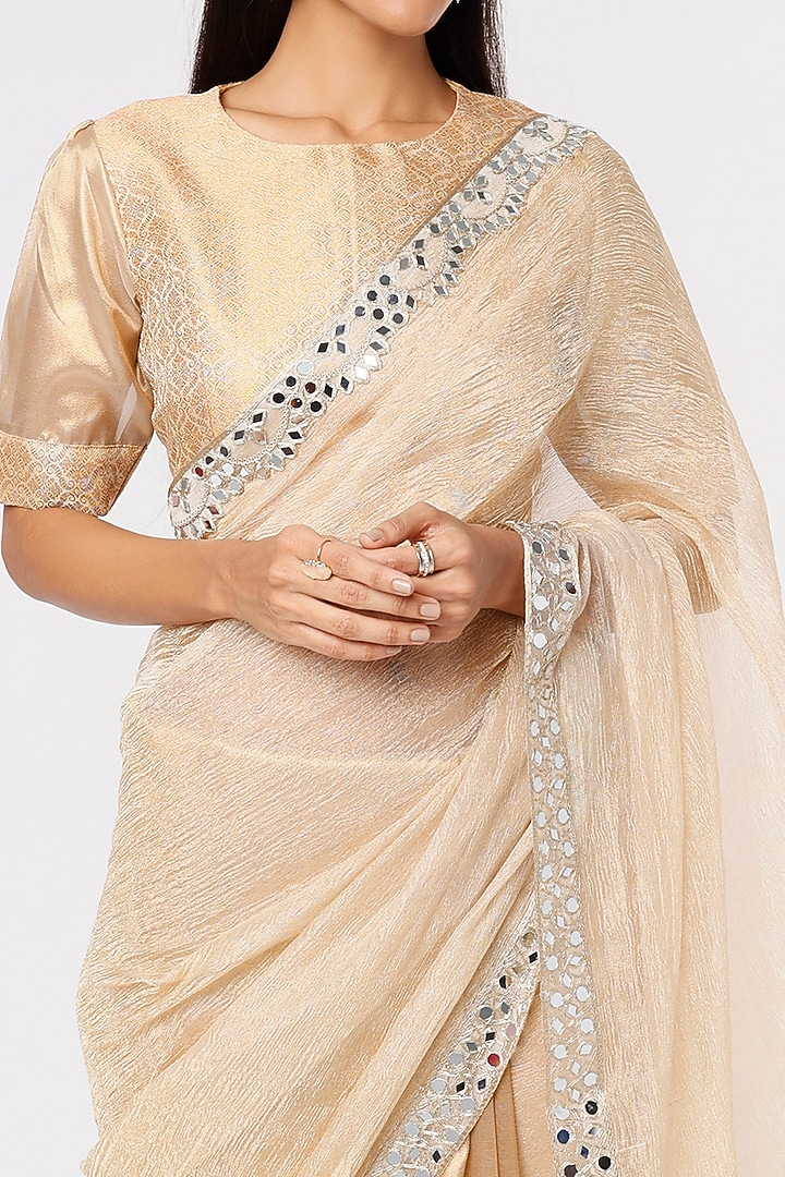 Natural Gold Embroidered Party Wear Saree Set by Sk'n at Pernia's Pop Up Shop