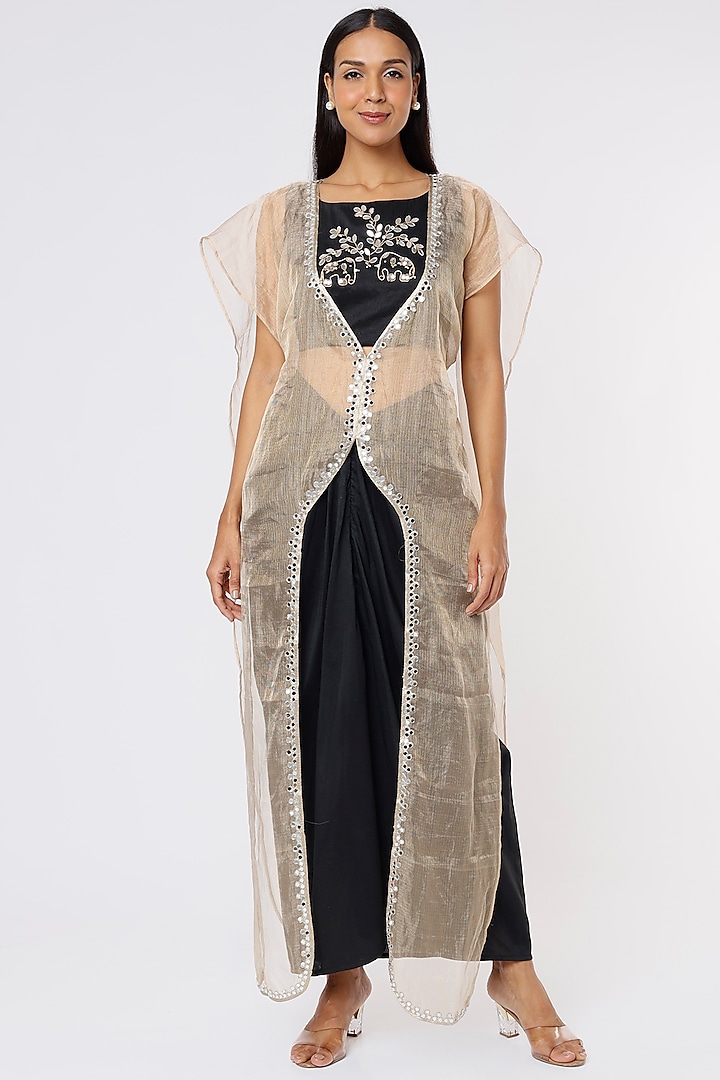 Dull Gold & Black Embroidered Cape Set by Sk'n
