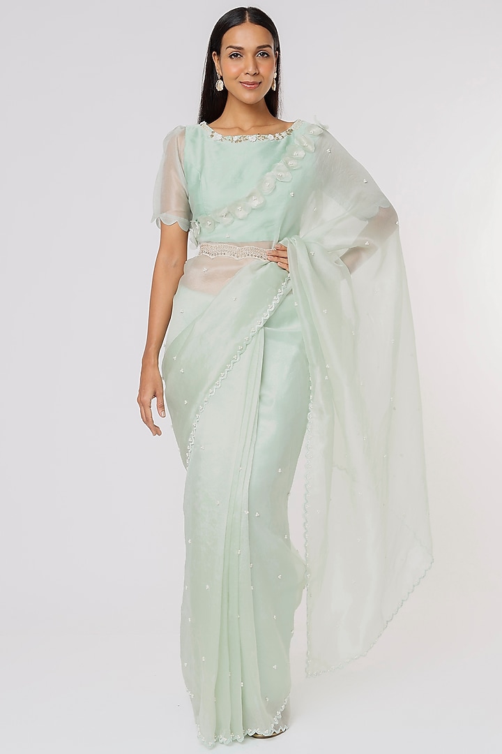 Mint Embroidered Saree Set by Sk'n