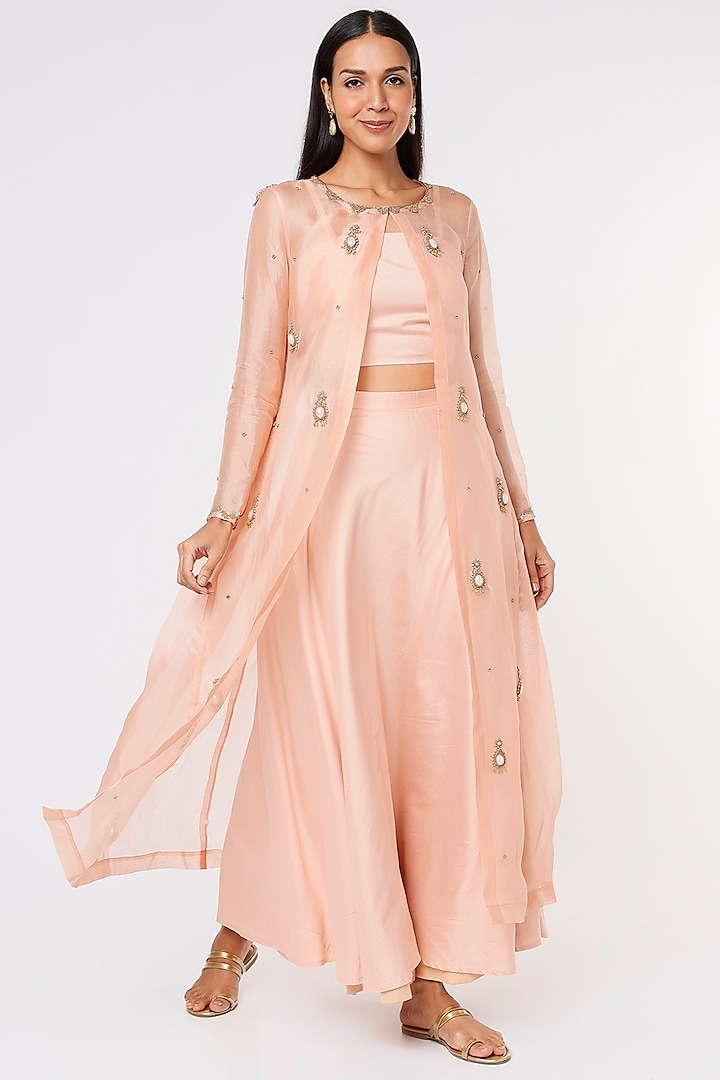 Peach Embroidered Jacket Set by Sk'n