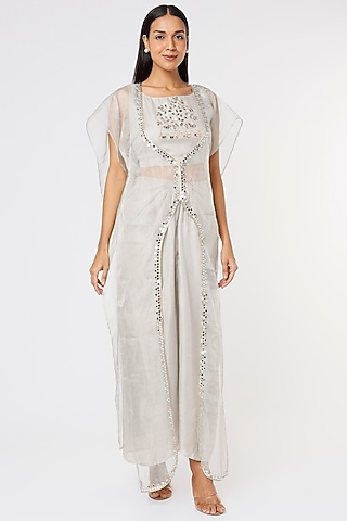 Silver Embroidered Cape Set by Sk'n