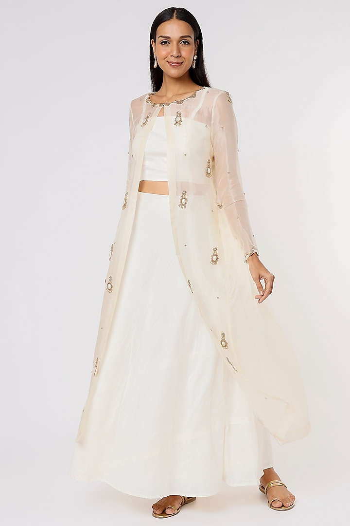 Ivory Embroidered Jacket Set by Sk'n