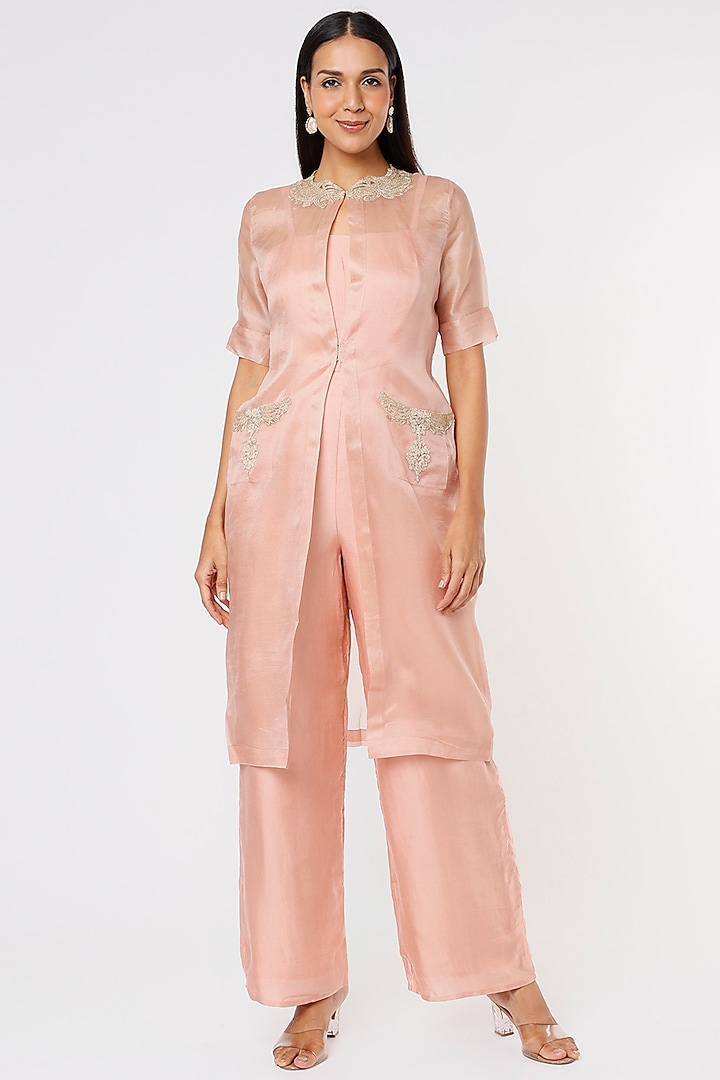 Blush Pink Embroidered Jacket With Jumpsuit by Sk'n
