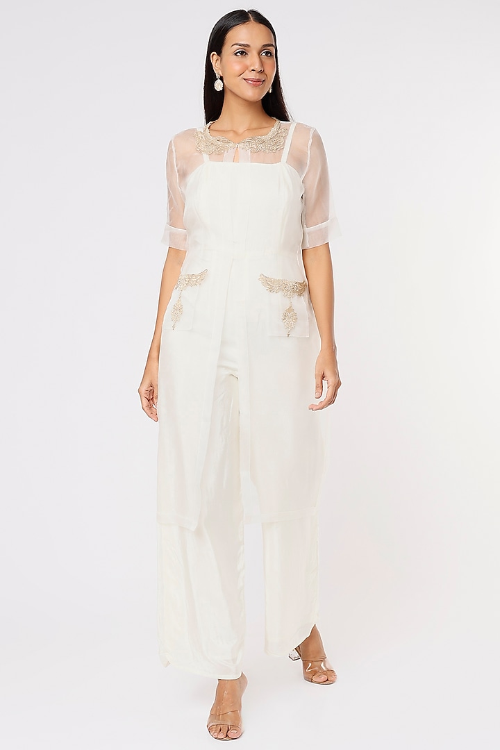 White Embroidered Jacket With Jumpsuit by Sk'n