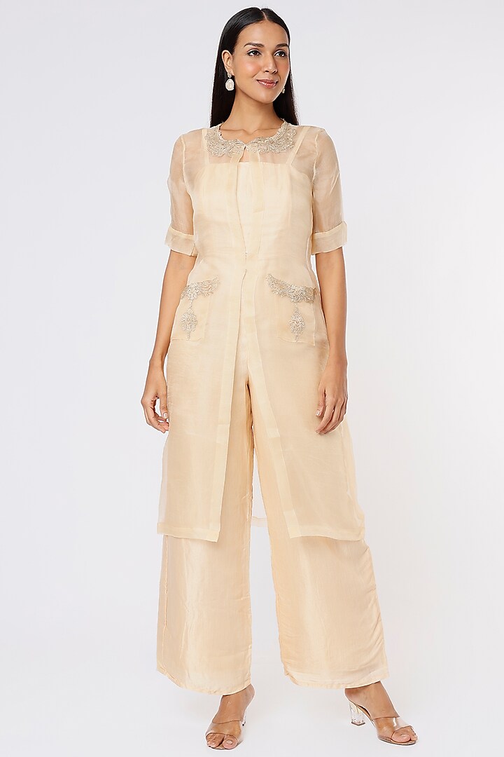 Nude Embroidered Jacket With Jumpsuit by Sk'n