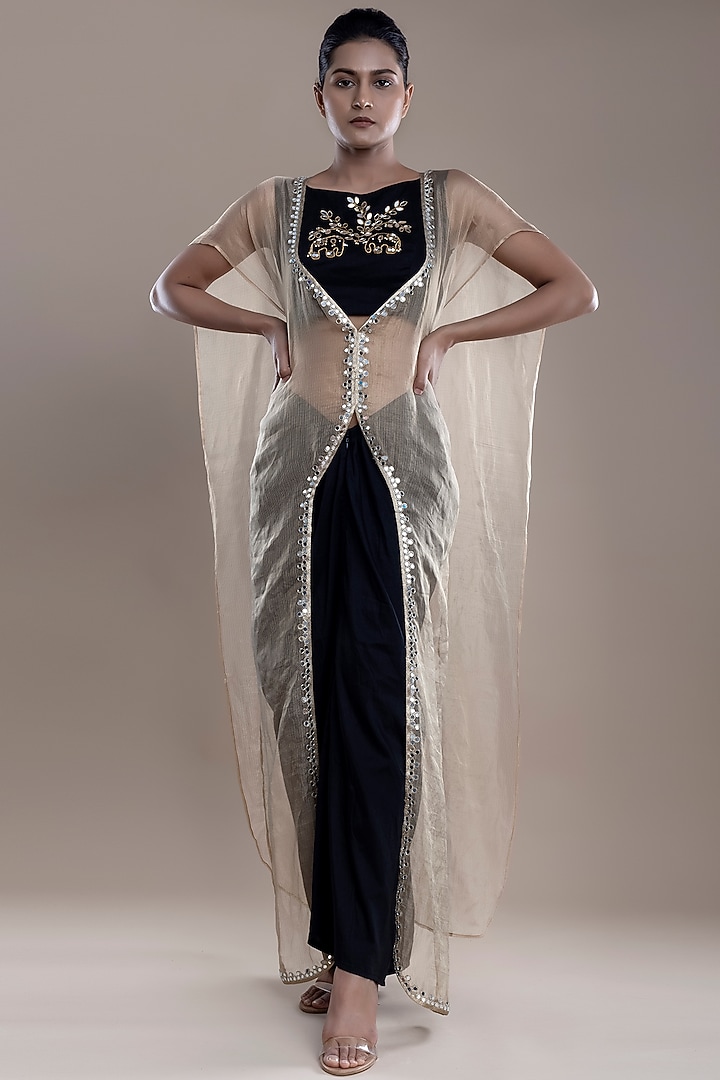 Black Jute Silk Draped Skirt Set by Sk'n at Pernia's Pop Up Shop