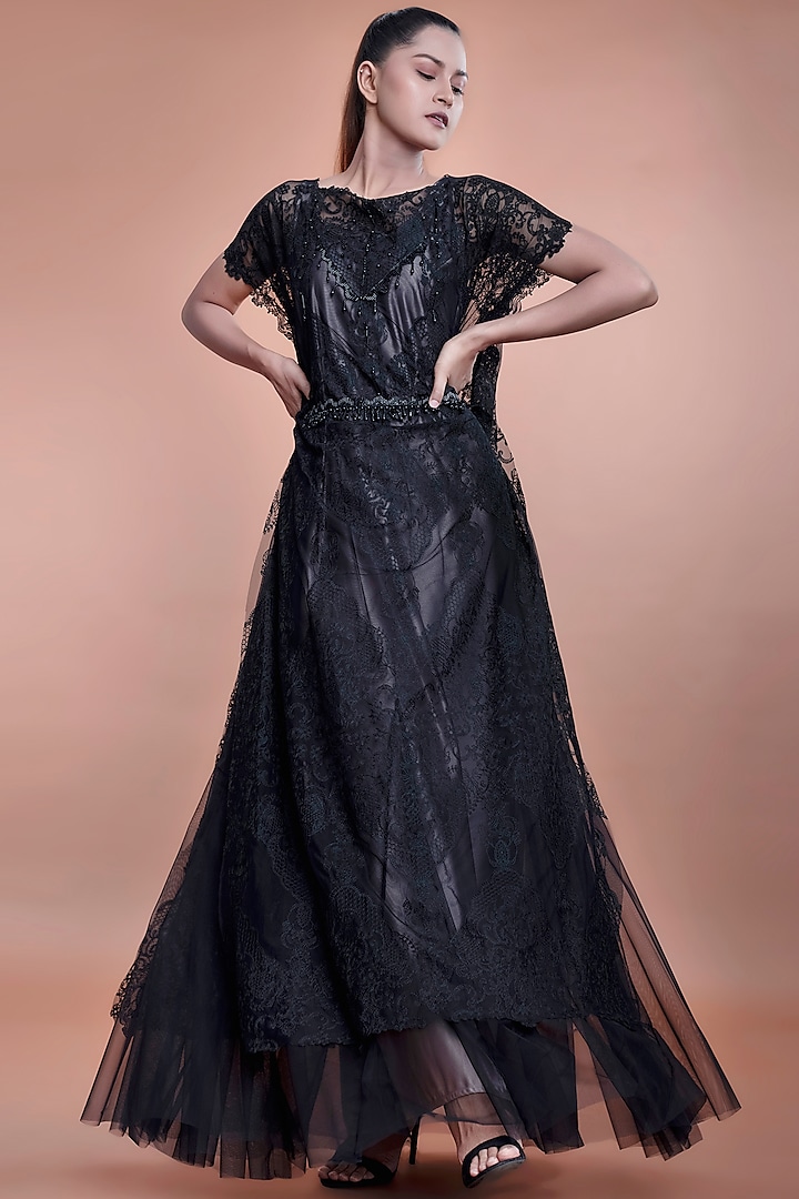 Black Satin Tulle Flared Dress  by Sk'n