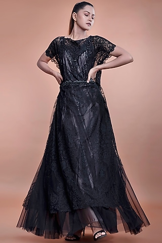 Black Satin Tulle Flared Dress  by Sk'n