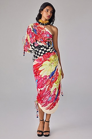 Multi-Colored Cotton Silk Abstract Floral Printed One-Shoulder Pleated Dress by Saaksha & Kinni