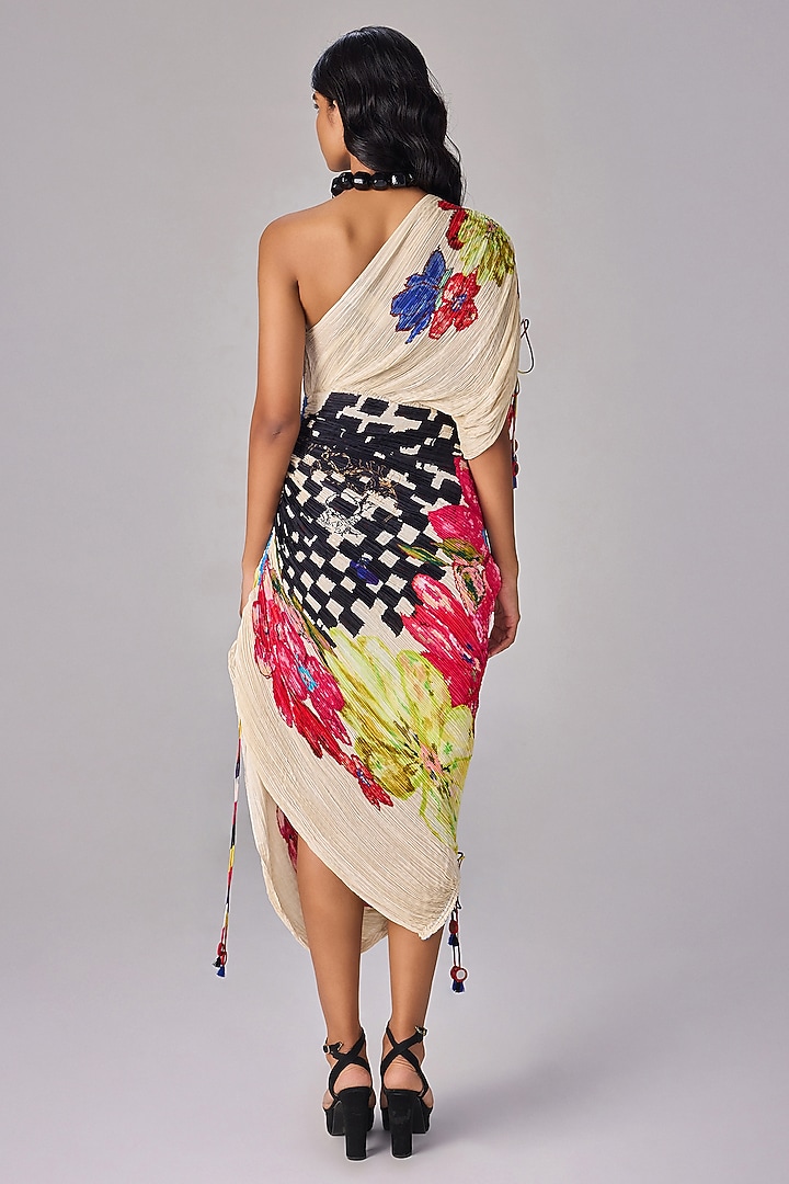 Multi-Colored Cotton Silk Abstract Floral Printed One-Shoulder Pleated Vacation Dress by Saaksha & Kinni at Pernia's Pop Up Shop