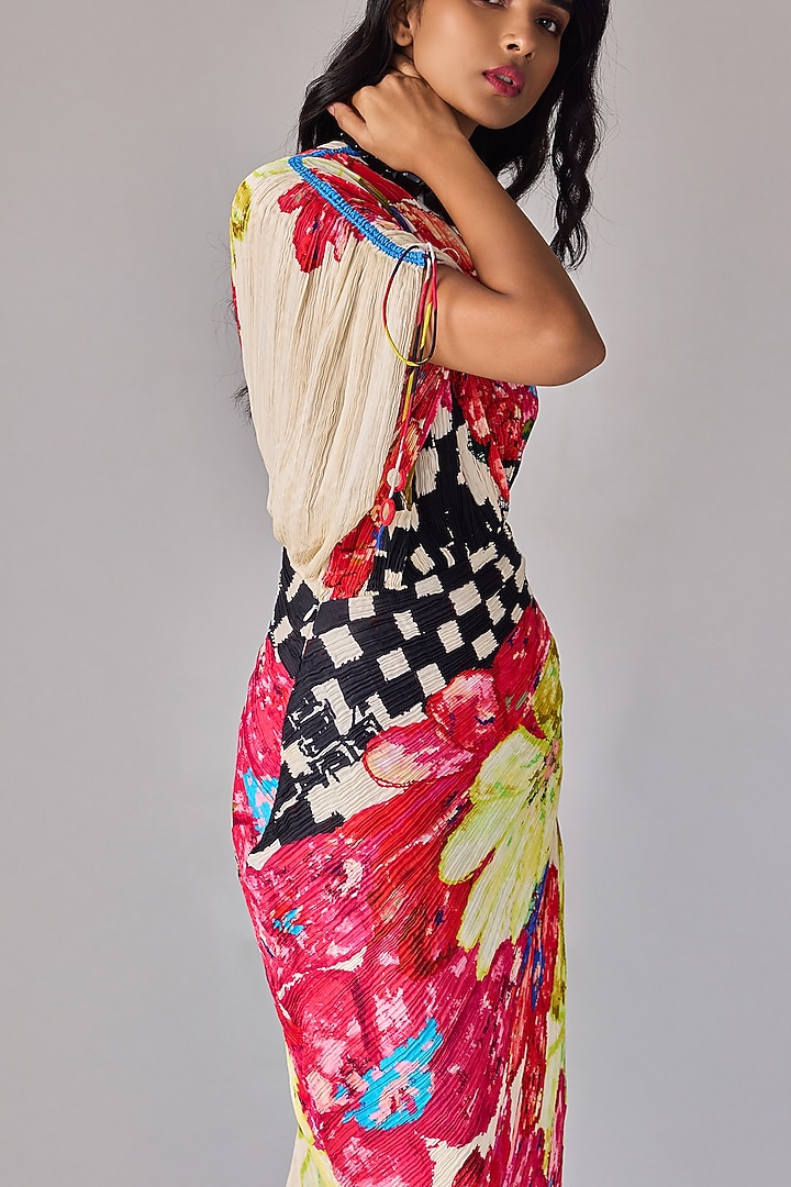 Multi-Colored Cotton Silk Abstract Floral Printed One-Shoulder Pleated Vacation Dress by Saaksha & Kinni at Pernia's Pop Up Shop