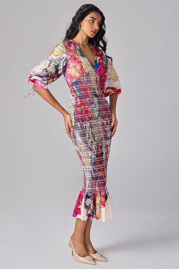 Multi-Colored Habutai Abstract Floral Printed Midi Vacation Dress by Saaksha & Kinni at Pernia's Pop Up Shop