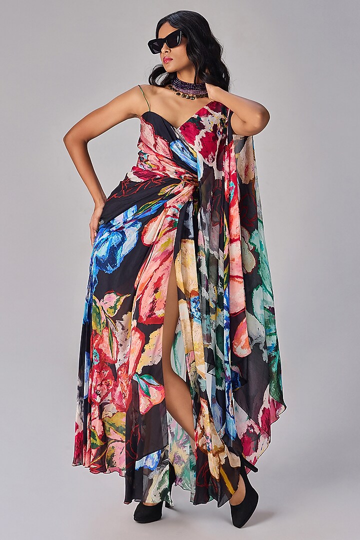 Multi-Colored Chiffon Floral Printed Asymmetric Maxi Cocktail Dress by Saaksha & Kinni at Pernia's Pop Up Shop