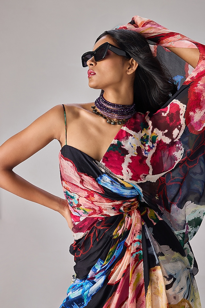 Multi-Colored Chiffon Floral Printed Asymmetric Maxi Cocktail Dress by Saaksha & Kinni at Pernia's Pop Up Shop
