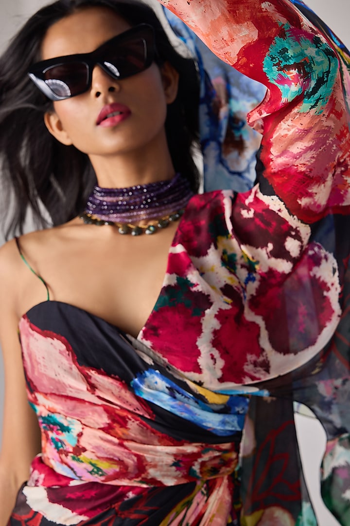 Multi-Colored Chiffon Floral Printed Asymmetric Maxi Cocktail Dress by Saaksha & Kinni at Pernia's Pop Up Shop