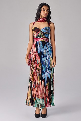 Multi-Colored Chiffon Floral Printed Strapless Maxi Dress by Saaksha & Kinni