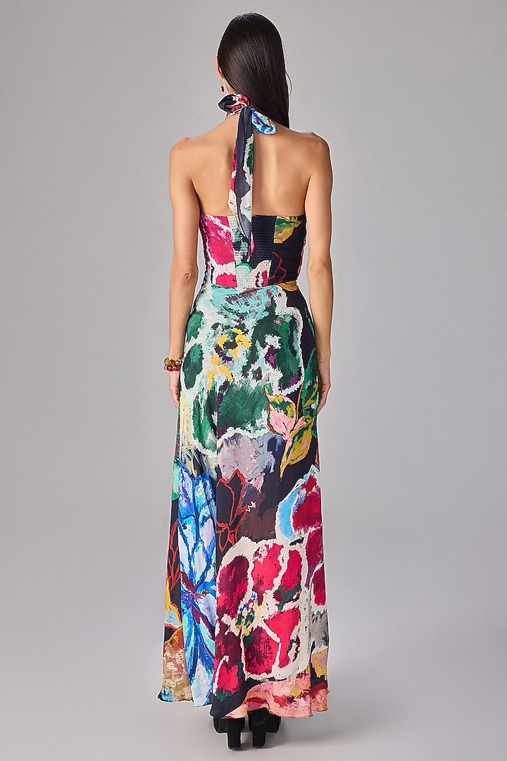 Multi-Colored Crepe Floral Printed Halter Maxi Vacation Dress by Saaksha & Kinni at Pernia's Pop Up Shop