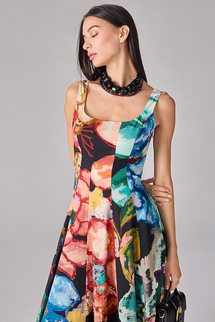 Multi-Colored Poplin Floral Printed Midi Flared Vacation Dress by Saaksha & Kinni at Pernia's Pop Up Shop