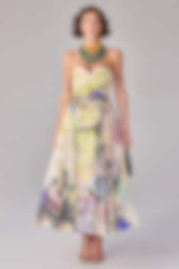 Multi-Colored Chiffon Abstract Floral Printed Strapless Midi Cocktail Dress by Saaksha & Kinni at Pernia's Pop Up Shop