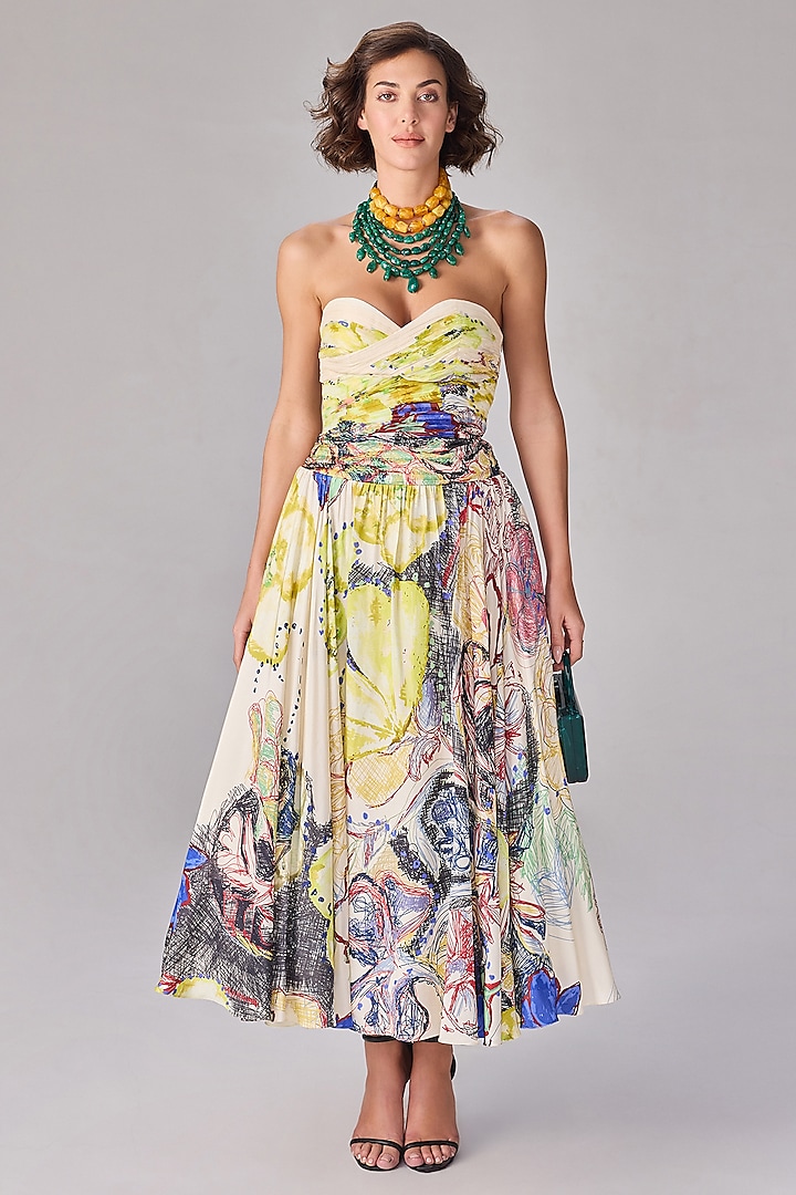 Multi-Colored Chiffon Abstract Floral Printed Strapless Midi Cocktail Dress by Saaksha & Kinni at Pernia's Pop Up Shop