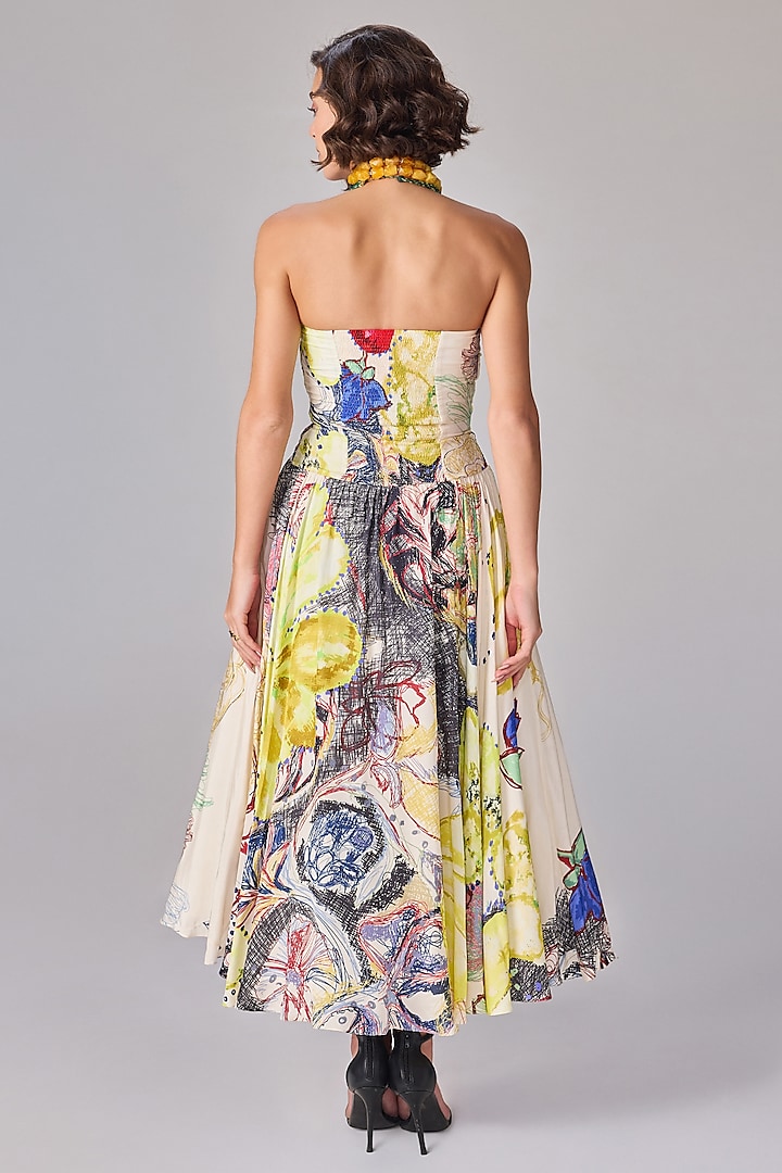 Multi-Colored Chiffon Abstract Floral Printed Strapless Midi Cocktail Dress by Saaksha & Kinni at Pernia's Pop Up Shop