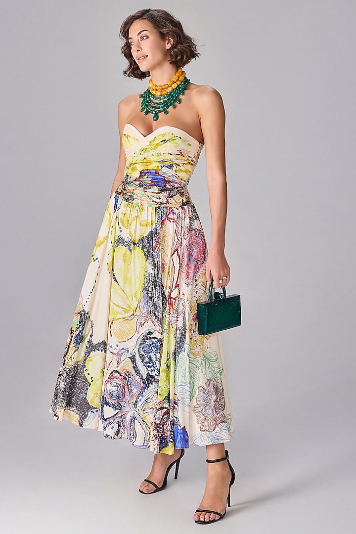 Multi-Colored Chiffon Abstract Floral Printed Strapless Midi Cocktail Dress by Saaksha & Kinni at Pernia's Pop Up Shop