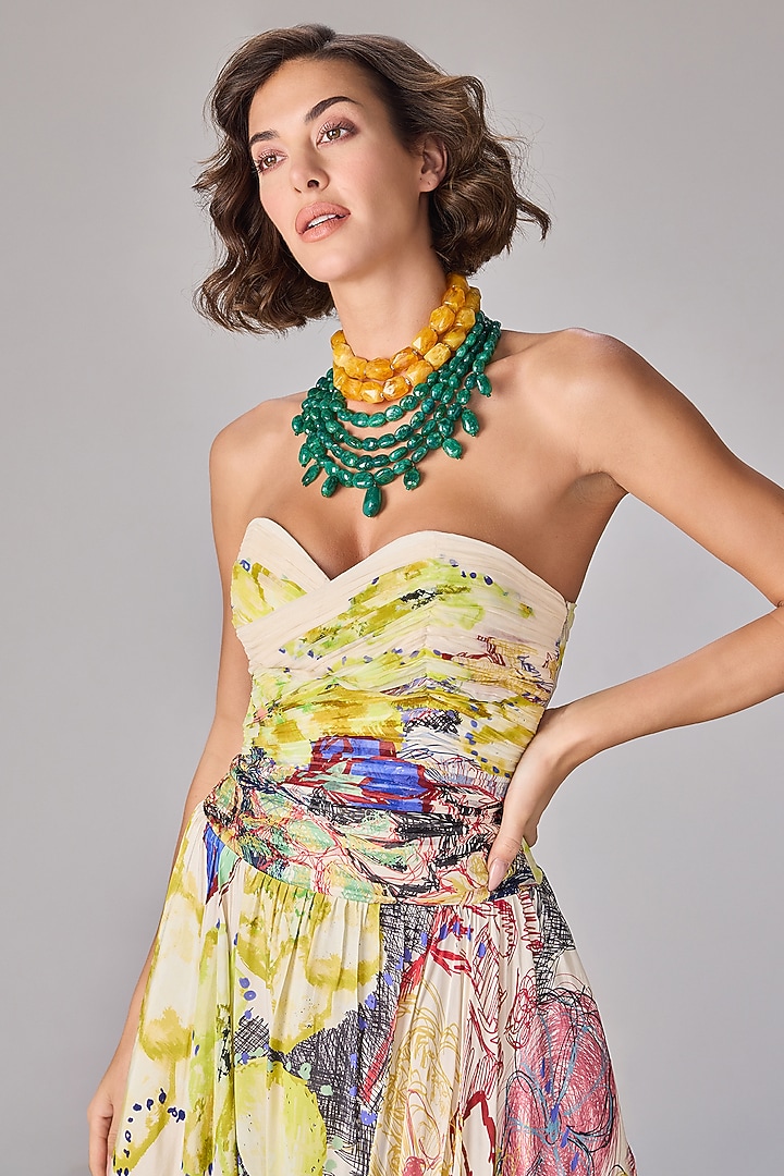 Multi-Colored Chiffon Abstract Floral Printed Strapless Midi Cocktail Dress by Saaksha & Kinni at Pernia's Pop Up Shop
