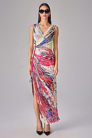 Multi-Colored Poly Florence Chiffon Abstract Floral Printed Maxi Dress by Saaksha & Kinni