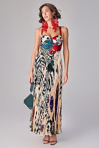 Multi-Colored Chiffon Abstract Floral Printed Pleated Maxi Dress by Saaksha & Kinni