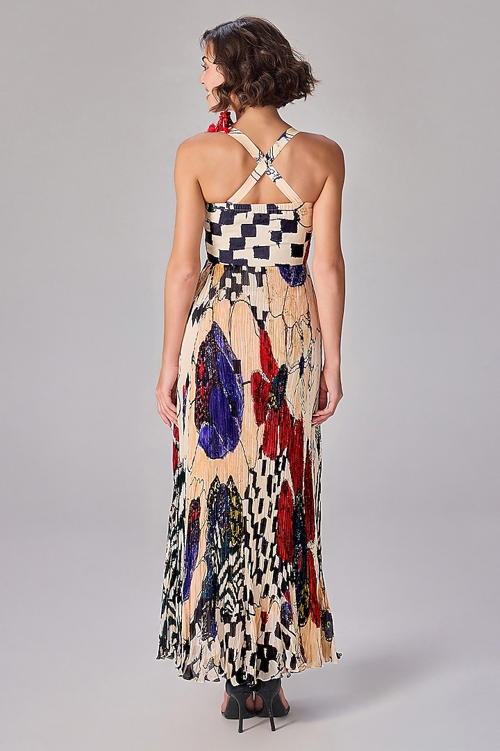Multi-Colored Chiffon Abstract Floral Printed Pleated Maxi Vacation Dress by Saaksha & Kinni at Pernia's Pop Up Shop