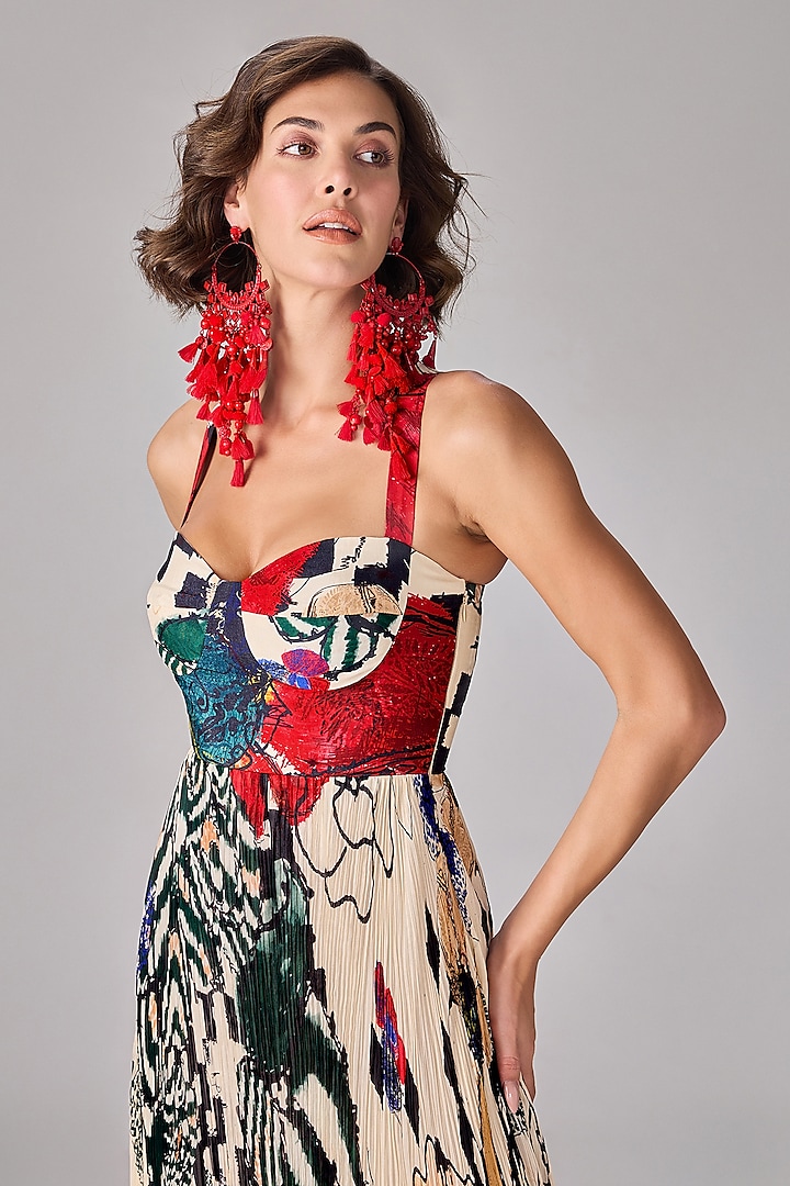 Multi-Colored Chiffon Abstract Floral Printed Pleated Maxi Vacation Dress by Saaksha & Kinni at Pernia's Pop Up Shop