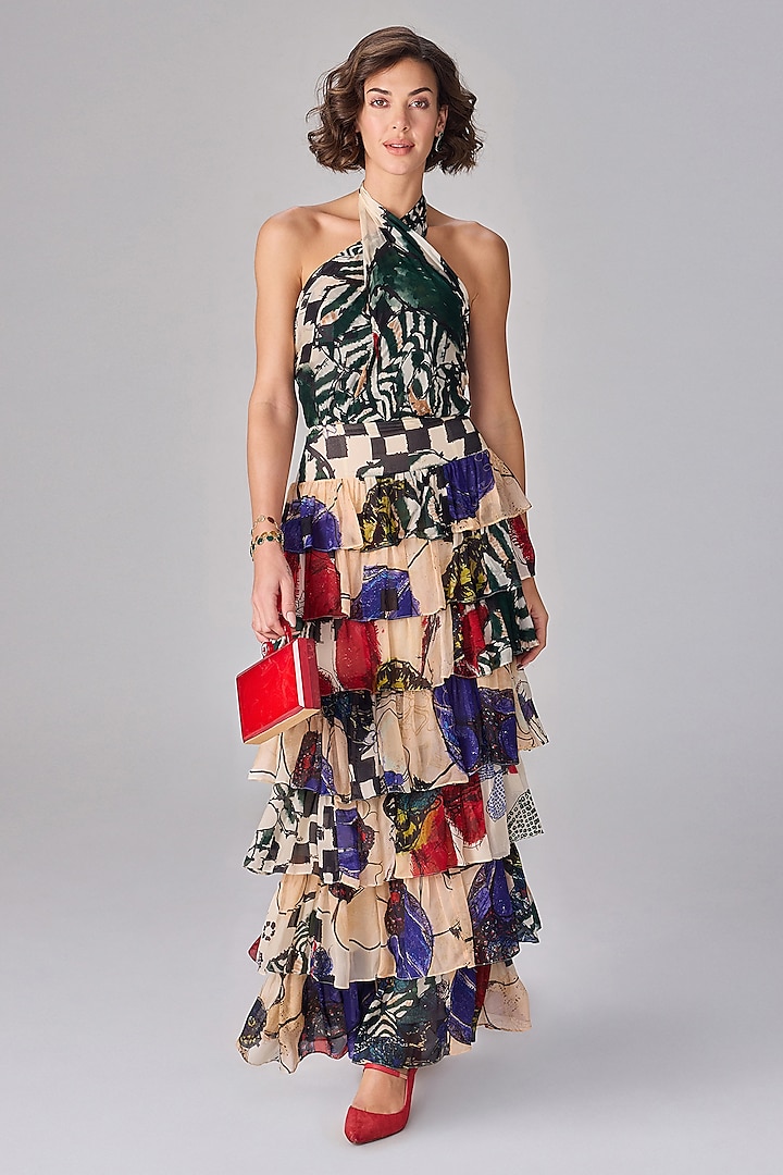Multi-Colored Chiffon Floral Printed Halter Maxi Cocktail Dress by Saaksha & Kinni at Pernia's Pop Up Shop