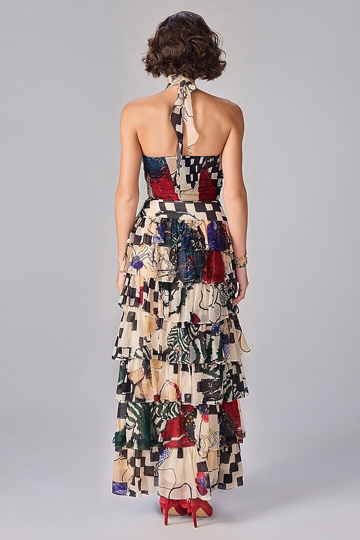 Multi-Colored Chiffon Floral Printed Halter Maxi Cocktail Dress by Saaksha & Kinni at Pernia's Pop Up Shop