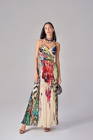 Multi-Colored Chiffon Abstract Floral Printed Pleated Maxi Dress by Saaksha & Kinni