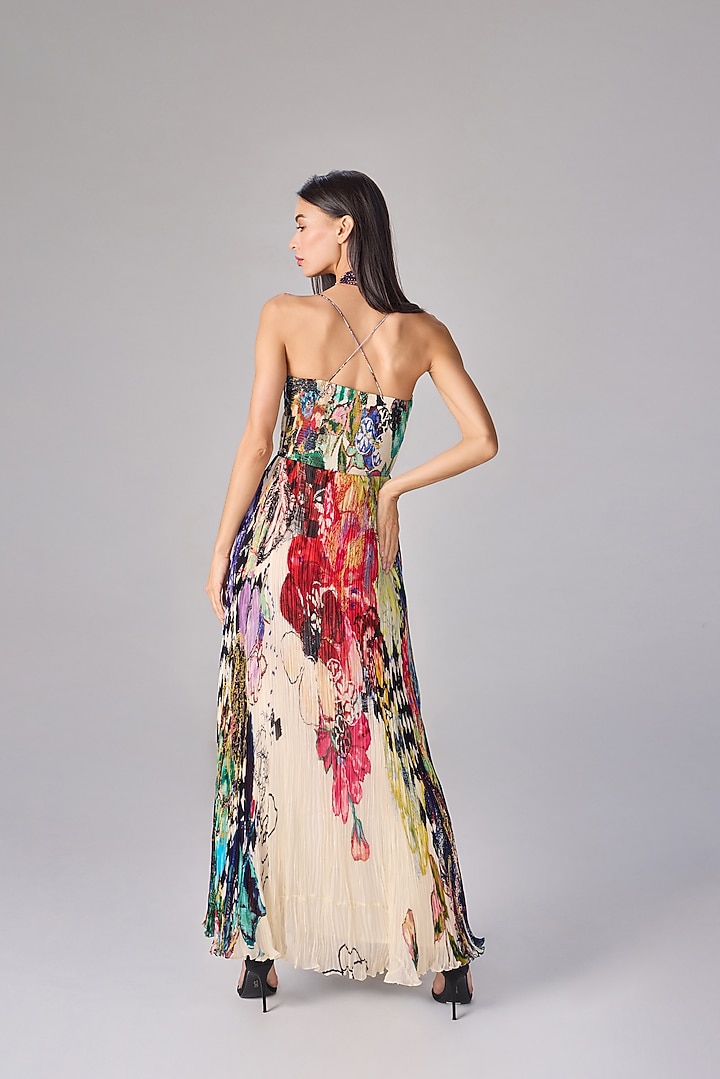 Multi-Colored Chiffon Abstract Floral Printed Pleated Maxi Vacation Dress by Saaksha & Kinni at Pernia's Pop Up Shop