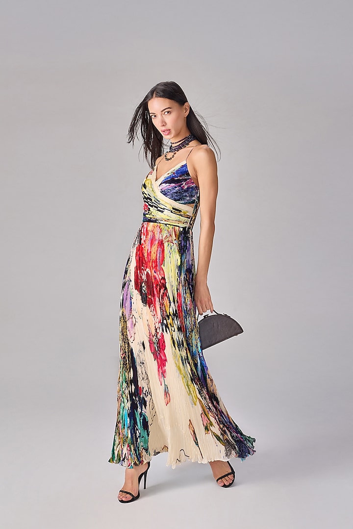 Multi-Colored Chiffon Abstract Floral Printed Pleated Maxi Vacation Dress by Saaksha & Kinni at Pernia's Pop Up Shop
