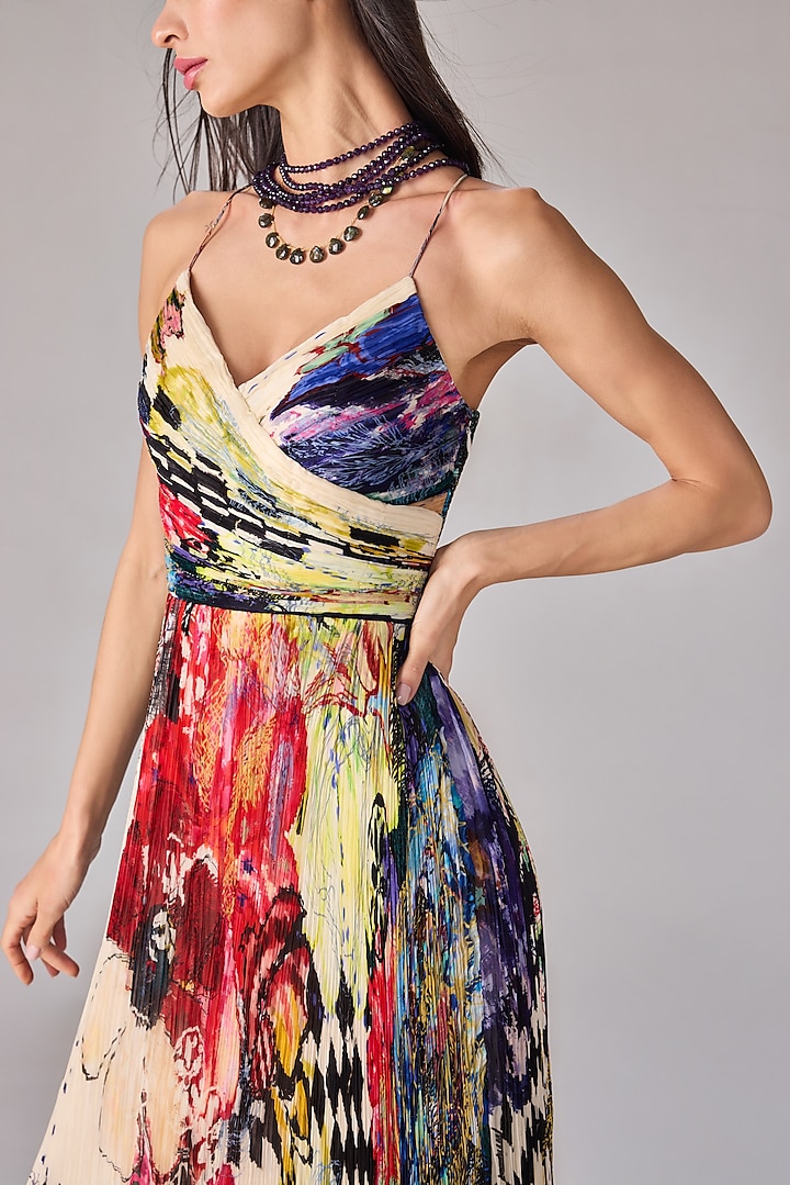 Multi-Colored Chiffon Abstract Floral Printed Pleated Maxi Vacation Dress by Saaksha & Kinni at Pernia's Pop Up Shop