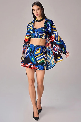 Multi-Colored Cambric Aztec Printed Skorts by Saaksha & Kinni