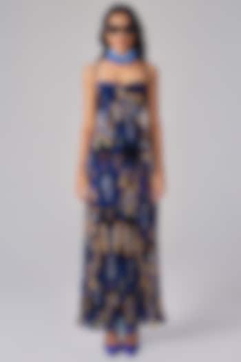 Blue Chiffon Aztec Printed Pleated Maxi Vacation Dress by Saaksha & Kinni at Pernia's Pop Up Shop