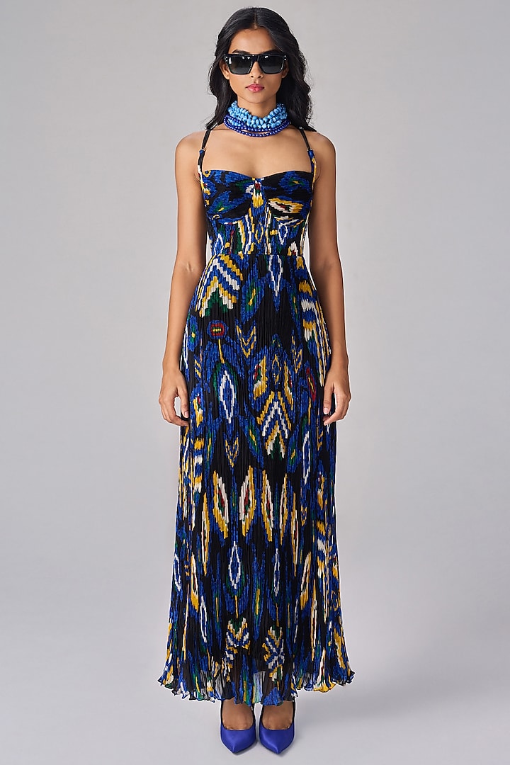 Blue Chiffon Aztec Printed Pleated Maxi Vacation Dress by Saaksha & Kinni at Pernia's Pop Up Shop