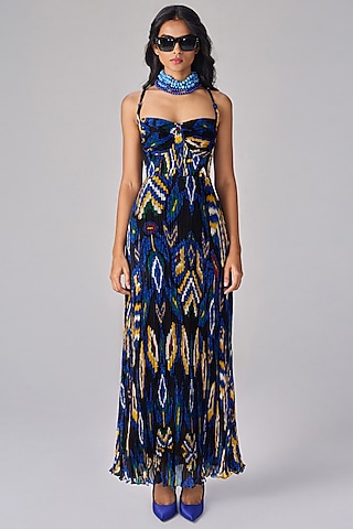 Blue Chiffon Aztec Printed Pleated Maxi Dress by Saaksha & Kinni