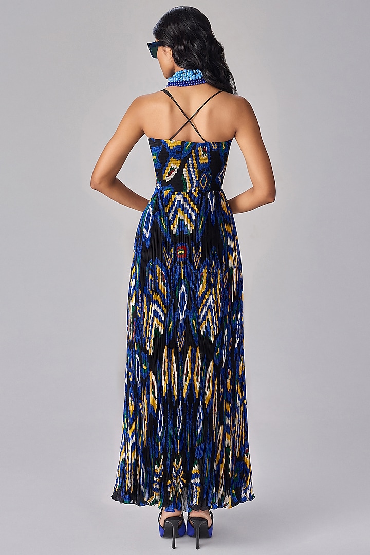 Blue Chiffon Aztec Printed Pleated Maxi Vacation Dress by Saaksha & Kinni at Pernia's Pop Up Shop