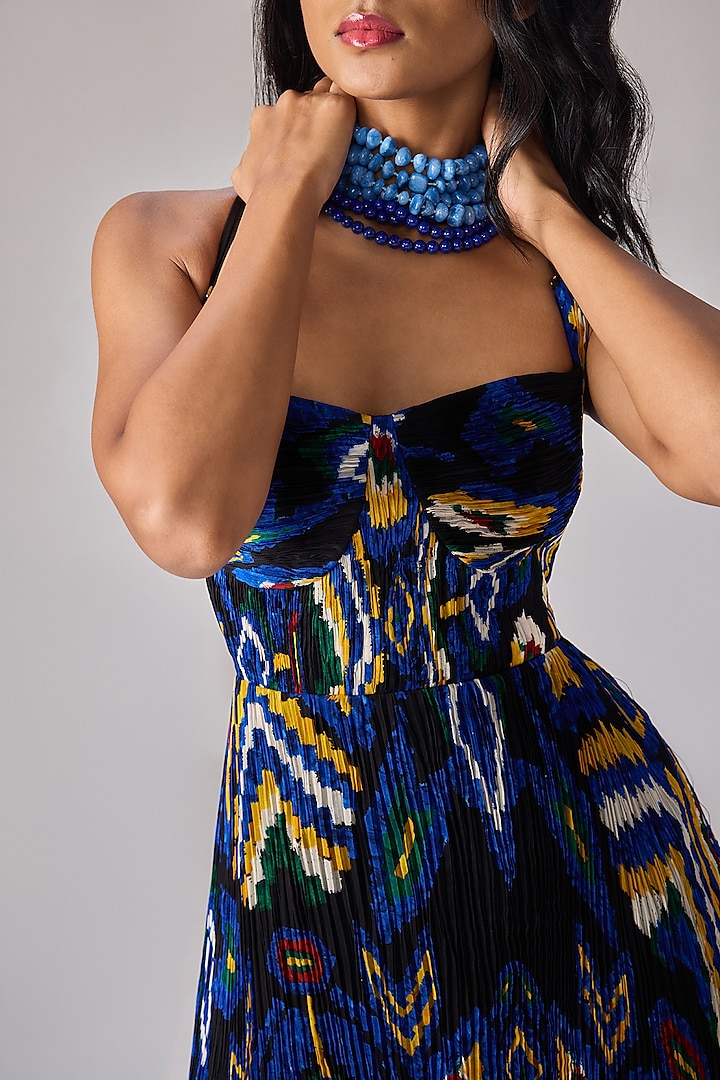 Blue Chiffon Aztec Printed Pleated Maxi Vacation Dress by Saaksha & Kinni at Pernia's Pop Up Shop