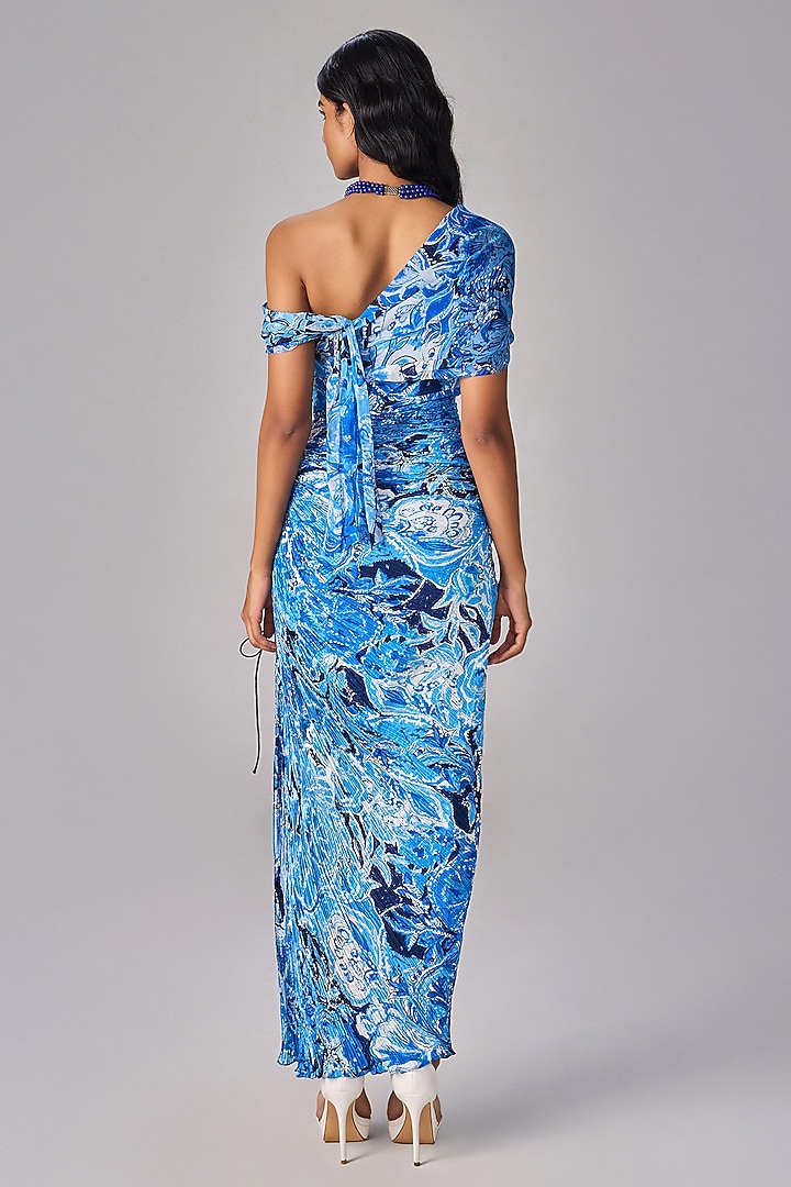 Blue Chiffon Abstract Floral Printed Off-Shoulder Maxi Vacation Dress by Saaksha & Kinni at Pernia's Pop Up Shop